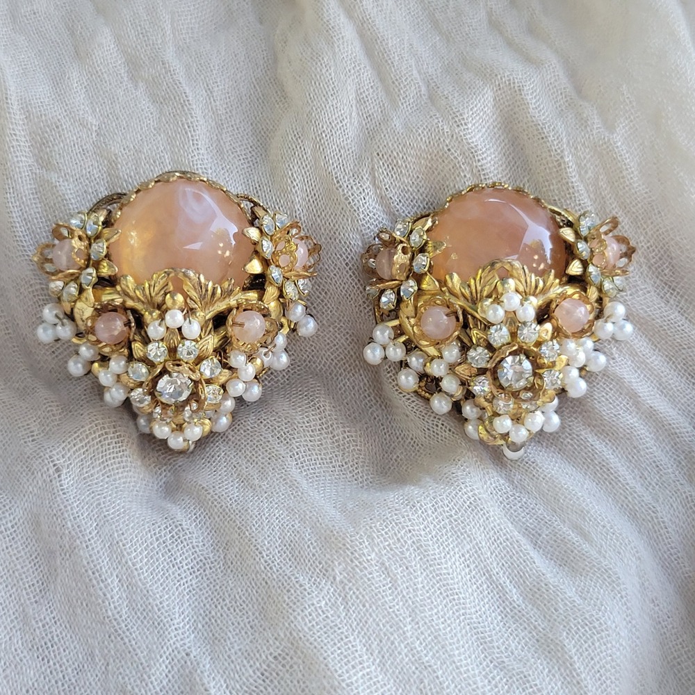 Vintage 1950s Clip-on Earrings Pink Faux Pearl Beaded Statement Clip-ons